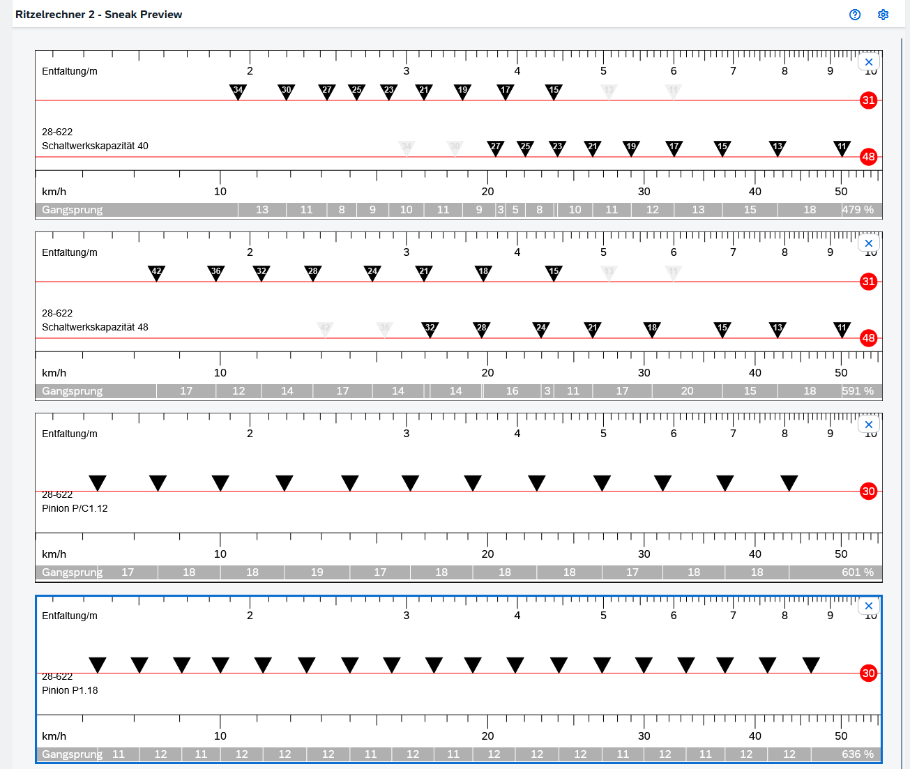 Ritzelrechner – Vergleich von Schaltwerk (31/48T) und Pinion P/C1.12 sowie P1.18 Gangschaltungsvergleich: Ritzelrechner mit 4 Konfigurationen